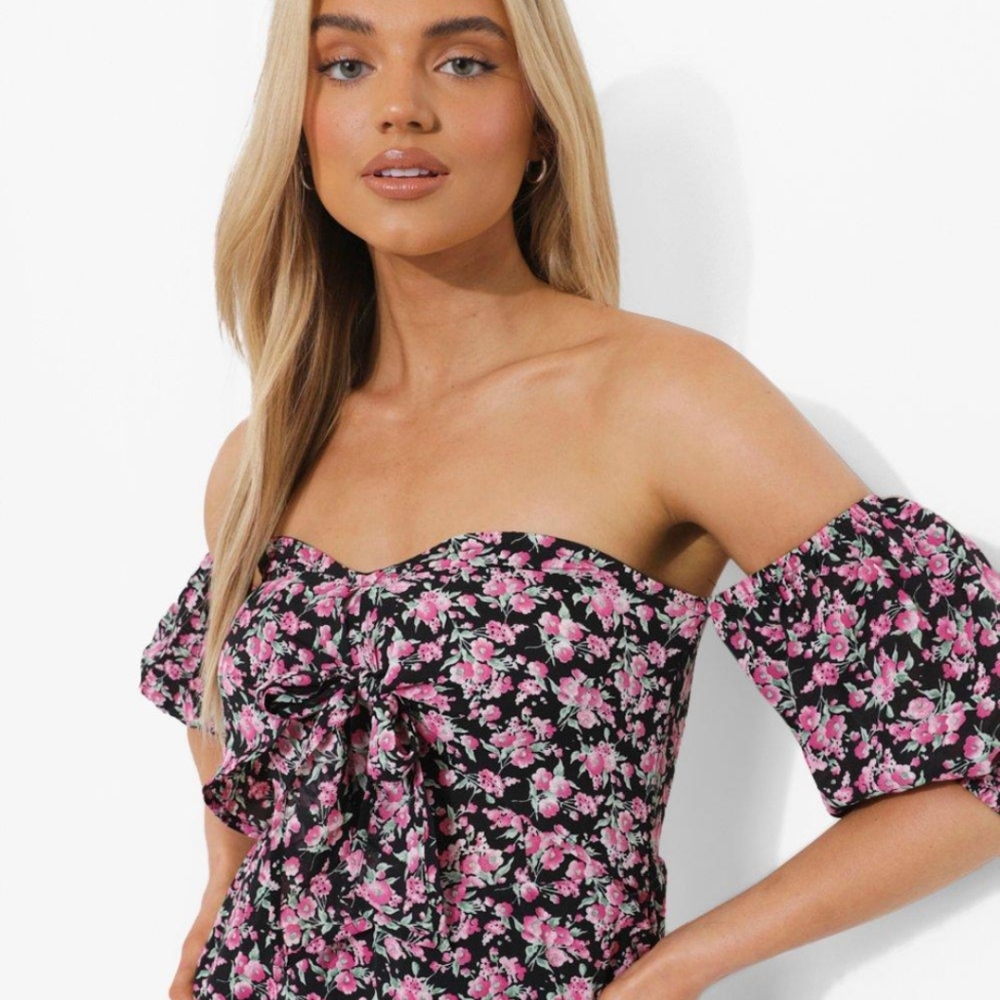 NWT BooHoo FLORAL OFF THE SHOULDER KNOT FRONT Light Blue MAXI DRESS - Picture 5 of 8